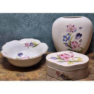Lot of 3 Pieces Vintage Porcelain Pieces Vase Trinket Box Dish Dora Johnson